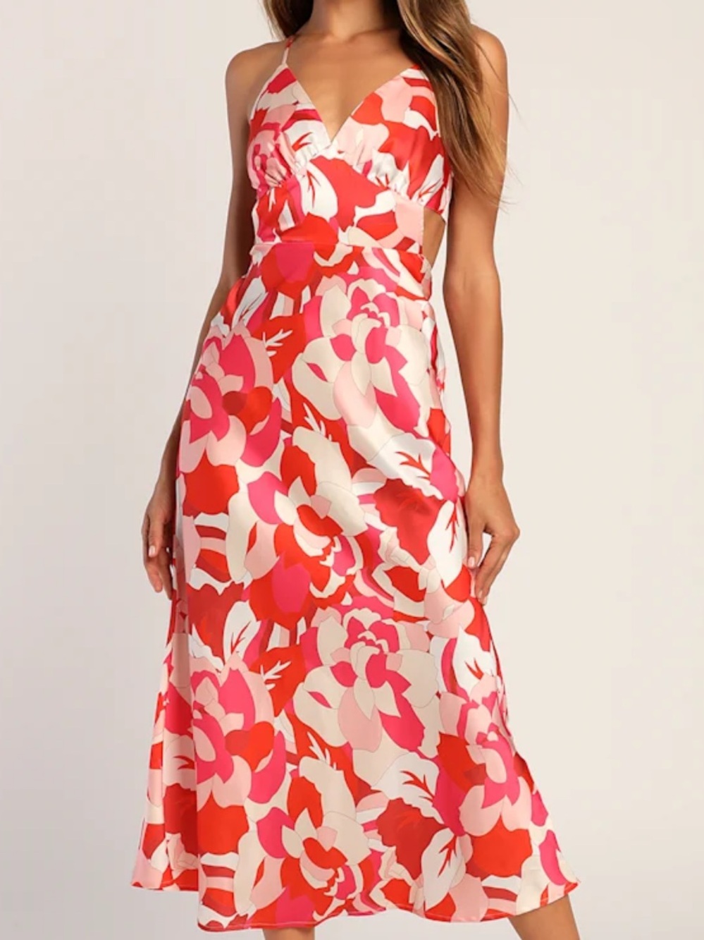 Front Page Hues Coral Multi Floral Print Satin Midi Dress